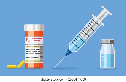 Vaccination concept banner. time to vaccinate with syringe, vaccine vial, pills. flat style icon. isolated vector illustration