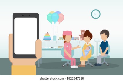 Vaccination concept with blank screen mobile phone and nurse hold syringe with vaccine flat design vector illustration