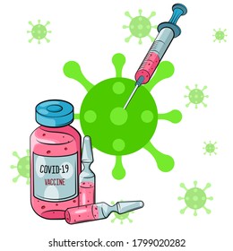 Vaccination concept. Coronavirus Covid-19 vaccine. Ampule, Syringe with vaccine. Vector illustration. Flat cartoon. 