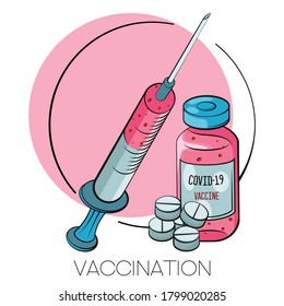 Vaccination concept. Coronavirus Covid-19 vaccine. Ampule, Syringe with vaccine. Vector illustration. Flat cartoon. 