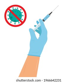 Vaccination concept. Coronavirus infection vaccine syringe in blue gloved hands of doctor, nurse, scientist. Isolated flat vector illustration.
