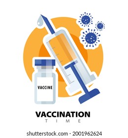 Impfkonzept. Covid-19-Koronavirus-Impfstoff. Spritze und Impfstoffflasche, flache Symbole. Behandlung von Coronavirus covid-19. Zeit für Impfungen. Einzelne Vektorgrafik