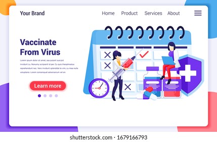 Vaccination concept, cure for Corona virus, time to vaccinate, doctors with syringe, vaccine bottle. Modern flat web page design for website and mobile website development. Vector illustration