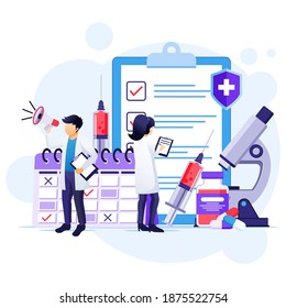 Vaccination concept, cure for Corona virus, time to vaccinate, doctors with syringe, vaccine bottle illustration