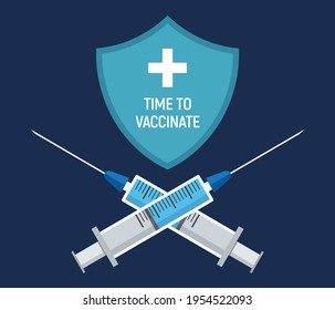 Vaccination concept design. Shield with cross and two crossing syringes with vaccine in front. Call for vaccination. Isolated vector color illustration in flat style.