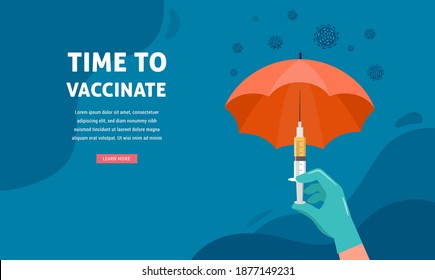 Vaccination concept design. Time to vaccinate banner. Umbrella-shaped syringe with vaccine for COVID-19, flu or influenza