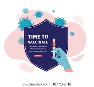 Vaccination concept design. Time to vaccinate banner - shield and syringe with vaccine for COVID-19, flu or influenza