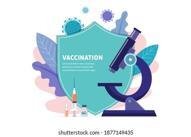 Vaccination concept design. Time to vaccinate banner - microscope and syringe with vaccine for COVID-19, flu or influenza