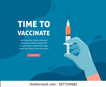 Vaccination concept design. Time to vaccinate banner - microscope and syringe with vaccine for COVID-19, flu or influenza