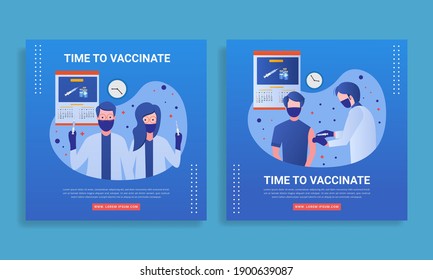 Vaccination concept design. Time to vaccinate banner, social media post. syringe with vaccine for COVID-19, flu or influenza
