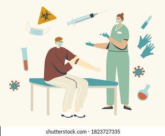 Vaccination Concept. Doctor Character Injecting Vaccine to Patient Arm. Young Man Sitting in Medical Cabinet for Applying Drug against Viruses and Disease Prevention. Linear People Vector Illustration