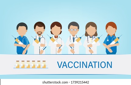 Vaccination concept with doctor hold syringe with vaccine flat design vector illustration