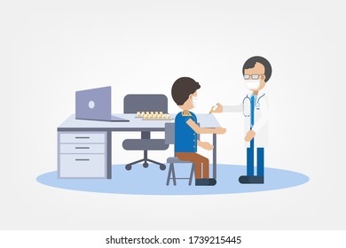 Vaccination concept with doctor hold syringe with vaccine flat design vector illustration