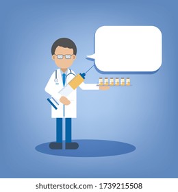 Vaccination concept with doctor hold syringe with vaccine flat design vector illustration