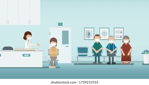 Vaccination concept with doctor hold syringe with vaccine flat design vector illustration