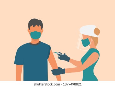 vaccination concept.  A doctor wearing a face protective medical mask for protection from virus COVID-19 disease with a syringe doing an injection of vaccine to the male patient. 