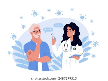 Vaccination concept. An elderly man receives a vaccination. Immunization awareness month. Vector template for banner, greeting card, poster with background.