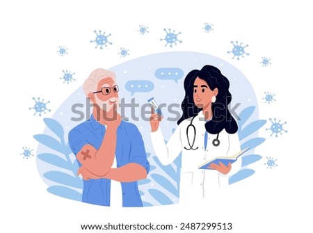 Vaccination concept. An elderly man receives a vaccination. Immunization awareness month. Vector template for banner, greeting card, poster with background.