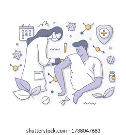Vaccination concept. A female doctor gives an injection to a man's arm. Vaccine protects people from getting sick. Doodle vector spot illustration