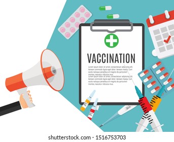Vaccination concept flat background. Medical awareness flu, polio influenza poster. Vector Illustration EPS10