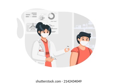 Vaccination concept in flat design. Woman nurse makes vaccine to man patient in medical clinic. Prevention of diseases spread, healthcare and medicine. Vector illustration with people scene for web