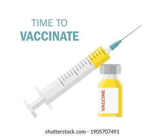 Vaccination concept flat vector illustration isolated on white background.  Coronavirus vaccine. Covid-19 injection.  Vaccine vial and syringe.