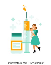 Vaccination concept. Flat vector medical illustration for web design with syringe with vaccine, bottle and mom with baby.