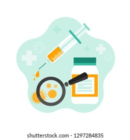 Vaccination Concept. Flat Vector Medical Illustration For Web Design With Syringe With Vaccine, Bottle And Virus.