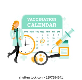 Vaccination concept. Flat vector medical illustration for web design with syringe with vaccine, bottle, virus, vaccination calendar and doctor.