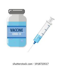 Vaccination concept. Flat vector medical illustrations for web design with syringe with vaccine, bottle and virus. Virus vaccine isolated on white background. Spray with a vaccine.