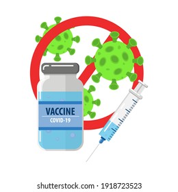 Concepto de vacunación. Ilustraciones médicas vectoriales planas para diseño web con jeringa con vacuna, botella y virus. Vacuna de virus aislada en el fondo blanco. Pulverizar con una vacuna.