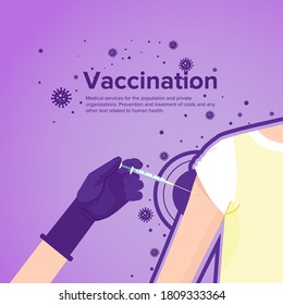 Concepto de vacunación. Una mano engullida le da un golpe en el antebrazo. Protección contra virus. Plantilla de fondo abstracta.