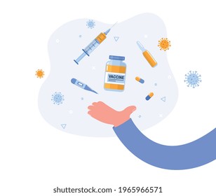 Vaccination concept, hand with vaccine and syringe from covid 19, flu.