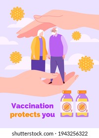 Vaccination Concept. Hands Protect the Old Couple from the Virus. Vector Illustration in Flat Cartoon Style.