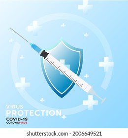 Vaccination concept Health care and protection on blue background , vaccine and syringe injection, treatment to cure Covid 19 Coronavirus  , Vector illustration EPS 10