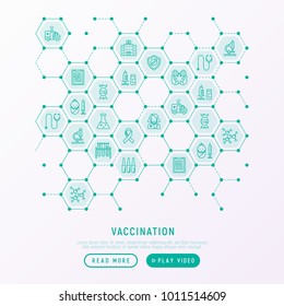 Vaccination concept in honeycombs with thin line icons: vaccine, syringe, ampoule, vial, microscope, virus, DNA, hospital, ambulance. Vector illustration, web page template.