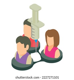 Vaccination concept icon isometric vector. Several people and disposable syringe. Immunization, prevention concept