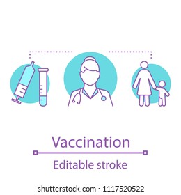 Vaccination Concept Icon. Pediatrics Idea Thin Line Illustration. Doctor. Medicine. Child Clinic. Vector Isolated Outline Drawing. Editable Stroke