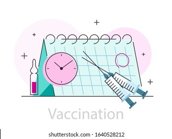 Vaccination concept. Idea of vaccine injection for protection from disease. Medical treatment and healthcare. Immunization metaphor. Vector flat illustration