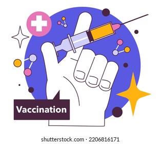 Vaccination concept. Idea of vaccine injection for protection from virus. Healthcare, disease prevention. Immunization idea. Vector flat illustration
