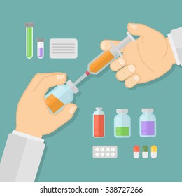 Vaccination concept illustration. Doctor making vaccine in the lab. Syringe and medicine.