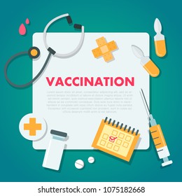 Vaccination concept illustration. Medical document with medicine and equipment.