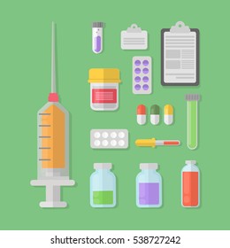 Vaccination concept illustration set. Syringe and tablets, test tubes and prescriptions.