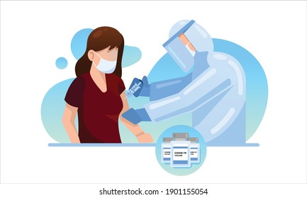 Vaccination concept for immunity health. Covid-19. Doctor makes an injection of flu vaccine to woman in hospital.