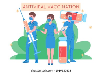 Vaccination concept for immunity health. Vaccine anti Covid-19. Doctors makes an injection of flu vaccine to pacient in hospital and inviting next. Healthcare, coronavirus, prevention and immunize.