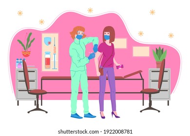 Vaccination concept for immunity health. Vaccine anti Covid-19. Doctors makes an injection of flu vaccine to patient in hospital and inviting next. Healthcare, coronavirus, prevention and immunize.