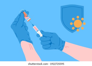 Vaccination concept for immunity health. Vaccine anti Covid-19. Doctors makes an injection of anti virus vaccine to pacient in hospital. Healthcare, coronavirus, prevention and immunize.