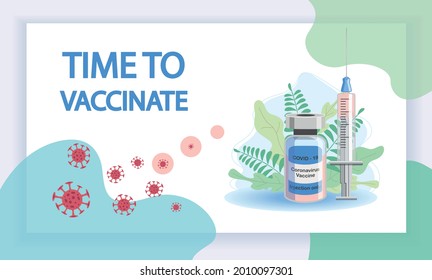Vaccination concept. Immunization campaign. Vaccination against the vaccine. Health care and security. Syringe and vaccine vial. Medical treatment. Flat illustrations.