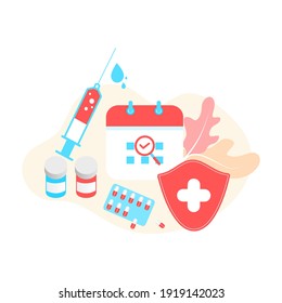 Vaccination concept. Immunization campaign. COVID-19 Virus Vaccine shot. Health care and protection. Medicine and syringe with a vaccine bottle protection shield and virus. Medical treatment icons.