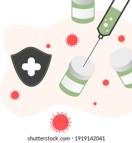 Vaccination concept. Immunization campaign. COVID-19 Virus Vaccine shot. Health care and protection. Medicine and syringe with a vaccine bottle protection shield and virus. Medical treatment icons.